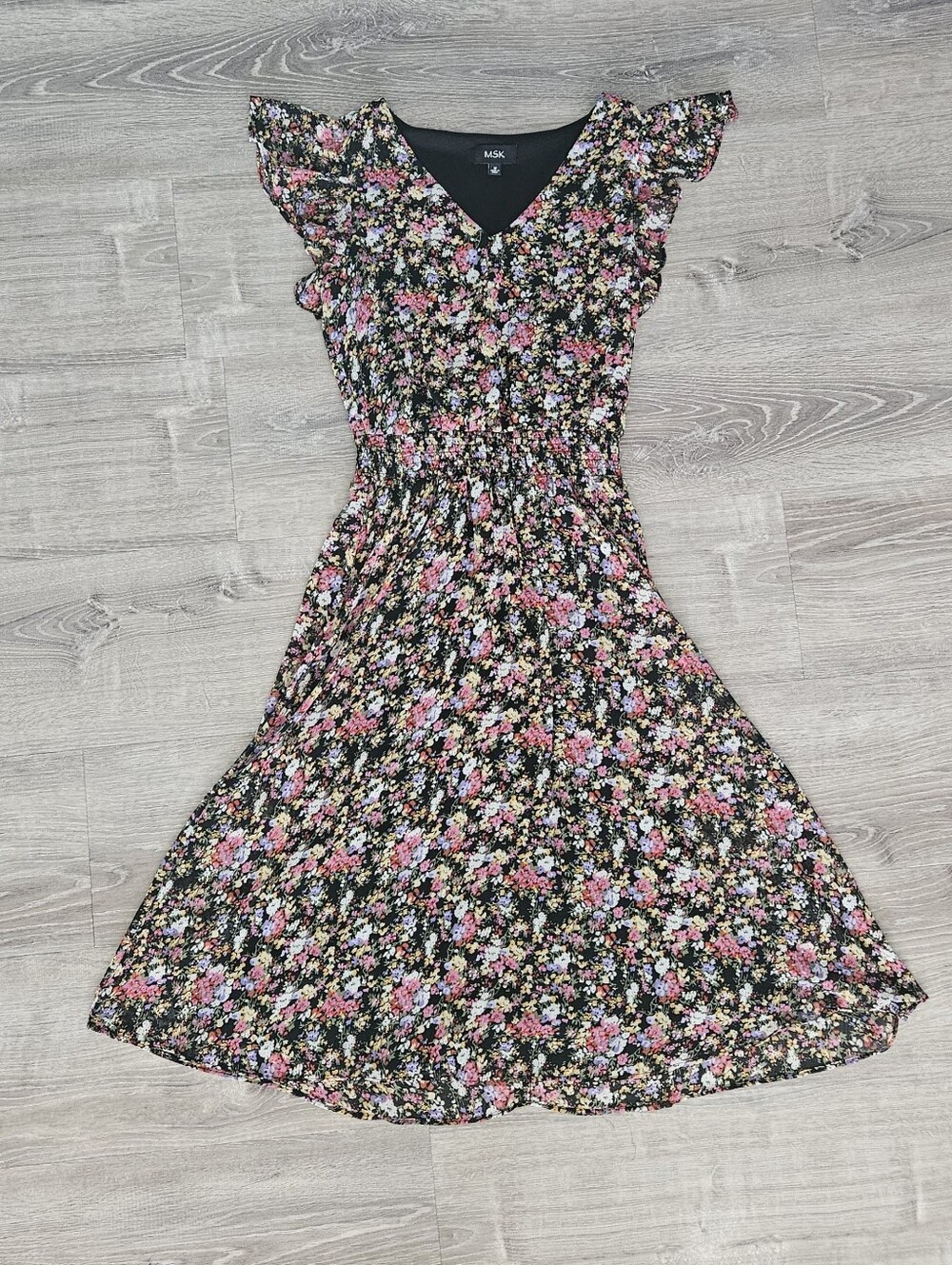 MSK Ditsy Floral Smocked Waist Midi Dress Flutter Sleeve V-Neck Grandmacore Sz M